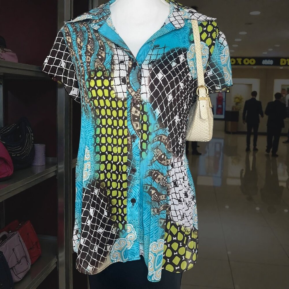 Cato Women's L Button Flutter Sleeve Blouse Multicolor Print Pleated Y2K Office